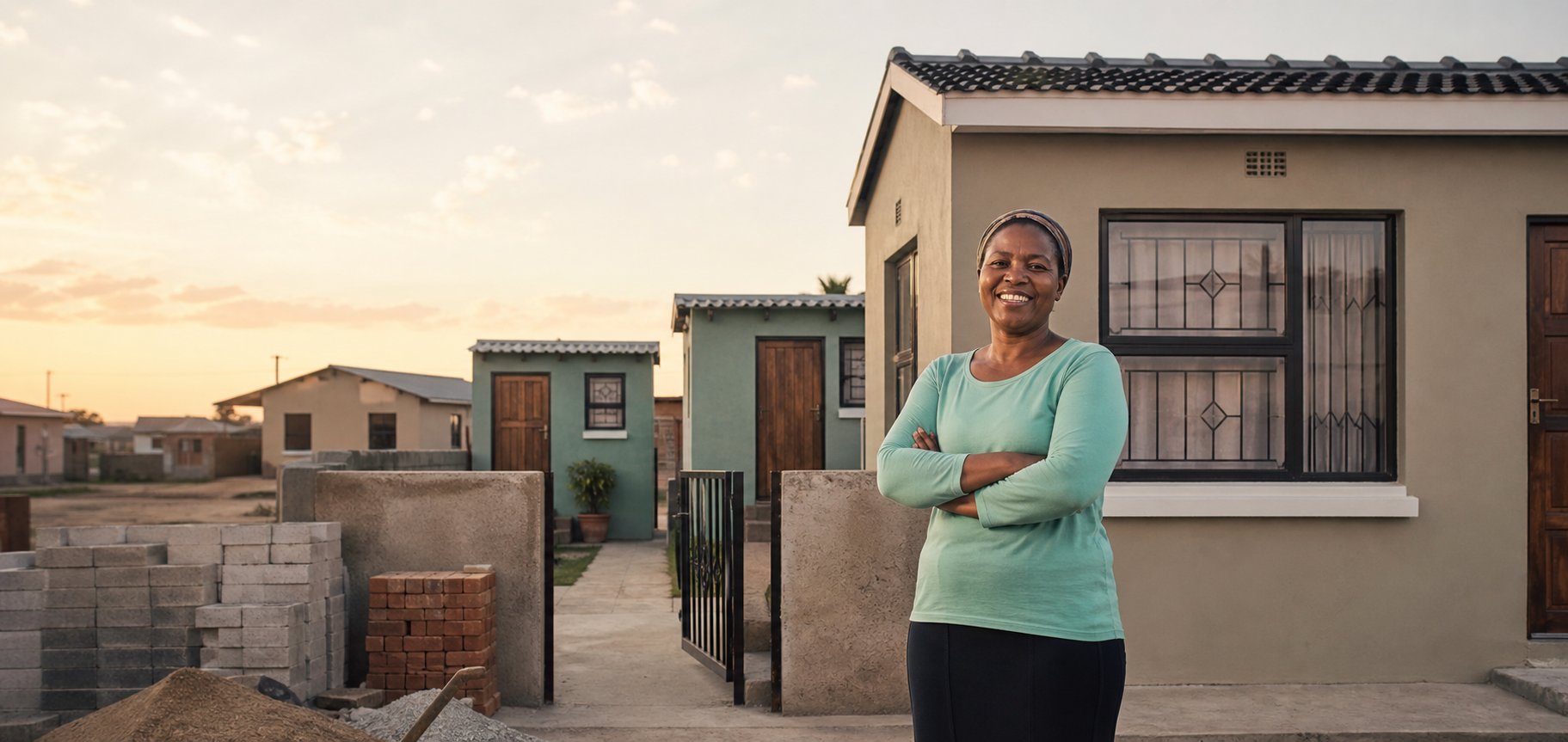 Homeowner standing in front of newly built affordable rental units